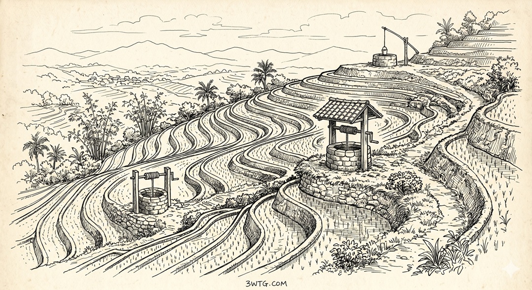Pen and ink drawing of terraced rice paddies and three water wells.